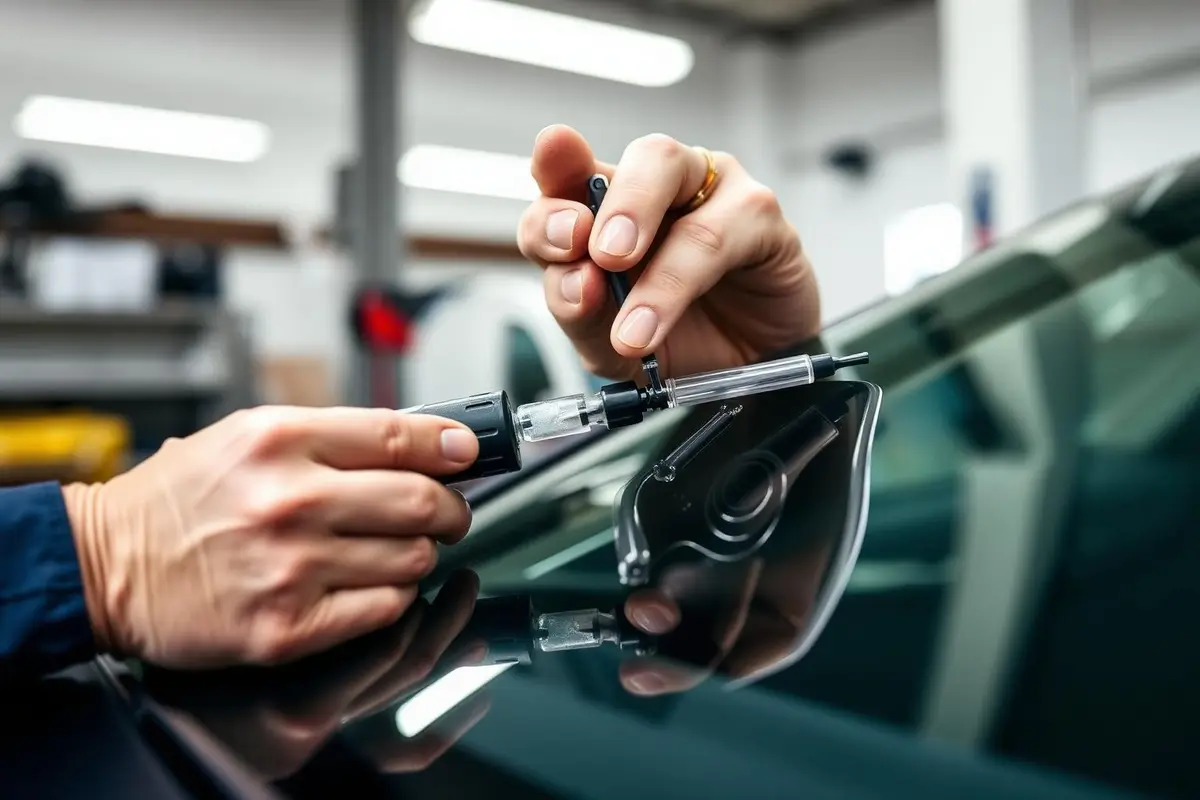 Technician repairing a windshield chip